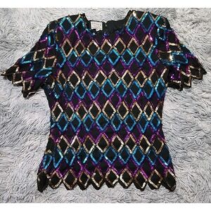VTG Stenay Women's Silk Blouse Size PM Rainbow Sequins Lined EUC